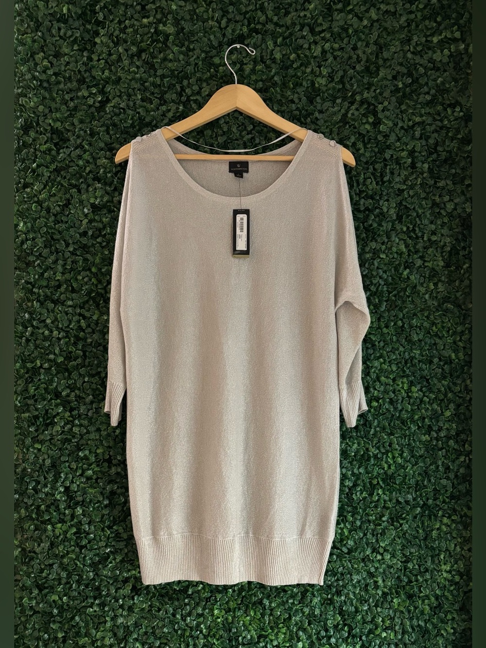 NWT L Tall Worthington Silver Metallic Cold Shoulder Tunic Sweater